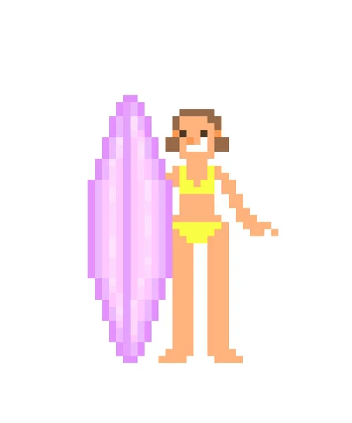 Femme heureuse souriante en maillot de bain jaune debout avec surf violet — Image vectorielle