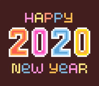 Mutlu yıllar 2020, parlak renkli piksel sanat harfleri izole edildi.