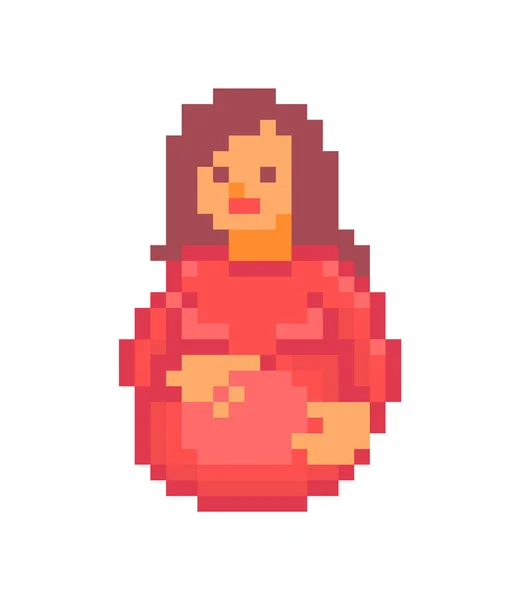 Zwangere vrouw in een rood shirt aanraken van haar grote buik, pixel kunst — Stockvector
