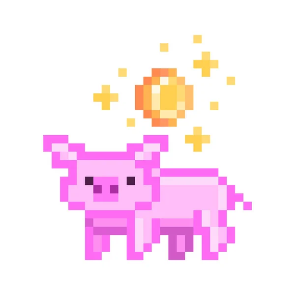Pink piggy bank with a shiny gold coin, pixel art icon isolated — 스톡 벡터
