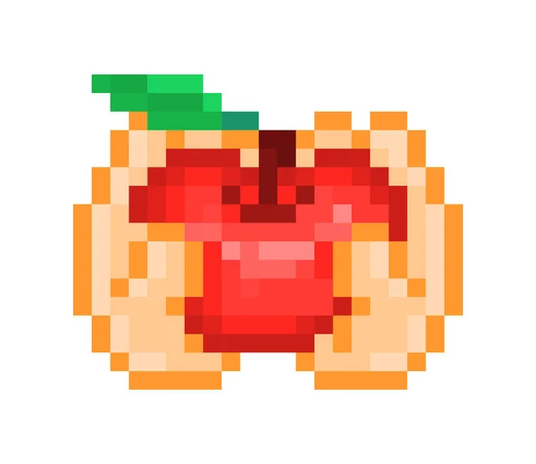 Yapraklı büyük kırmızı elmayı tutan iki el, piksel resim ikonu isol — Stok Vektör