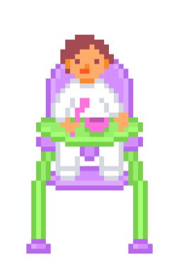 Baby eating sitting in a violet and green plastic highchair, pixel art icon isolated on white background. 8 bit old school vintage retro slot machine/video game graphics. Kid taking a breakfast.