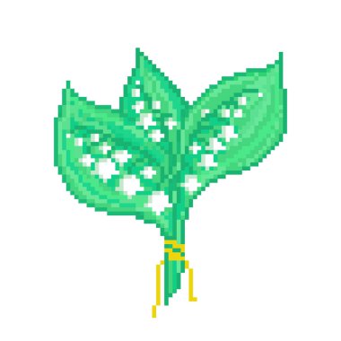 Lily of the valley bouquet decorated with yellow ribbon, pixel art icon isolated on white background.8 bit spring nature symbol. Old school vintage retro slot machine/video game graphics.