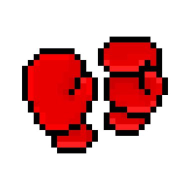 Red boxing gloves, pixel art icon isolated on white background. 8 bit combat sport equipment logo. Old school vintage retro slot machine/video game graphics.