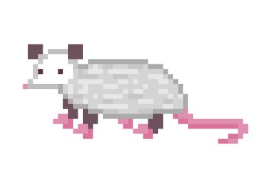 Cute Virginia opossum character, pixel art icon isolated on white background. 8 bit North American animal symbol. Old school vintage retro slot machine/video game graphics.