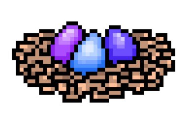 3 eggs painted blue, violet, purple in a bird nest, pixel art icon isolated on white background. 8 bit Easter symbol. Old school vintage retro slot machine/video game graphics.