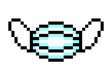 Sterile disposable medical face mask, black outline pixel art icon isolated on white background. 8 bit virus protection equipment symbol. Old school vintage retro slot machine/video game graphics.