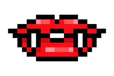 Red vampire lips with long fangs, black outline pixel art icon isolated on white background. 8 bit sexy woman half-open mouth symbol. Old school vintage retro slot machine/video game graphics.