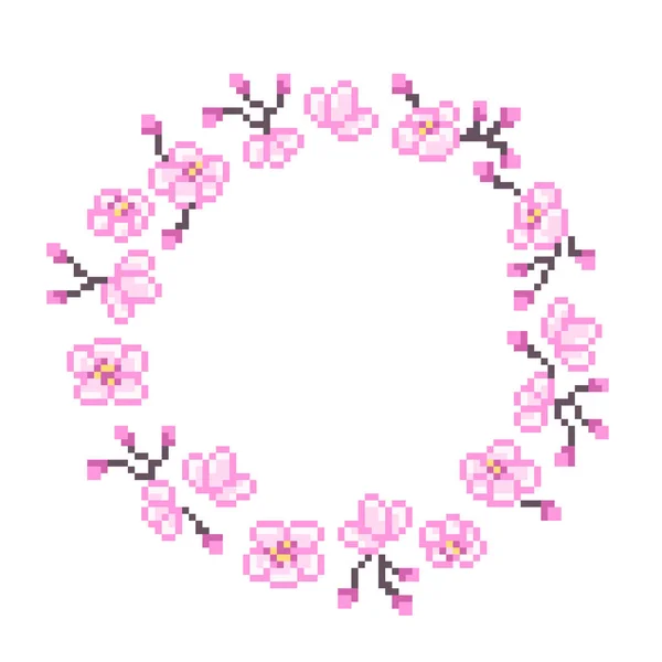 Blooming Pink Sakura Branch Flowers Buds Pixel Art Frame Isolated — Stockvector