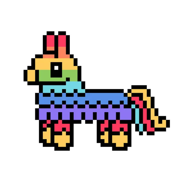 Rainbow Donkey Pinata Pixel Art Icon Isolated White Background Bit — Stock Vector
