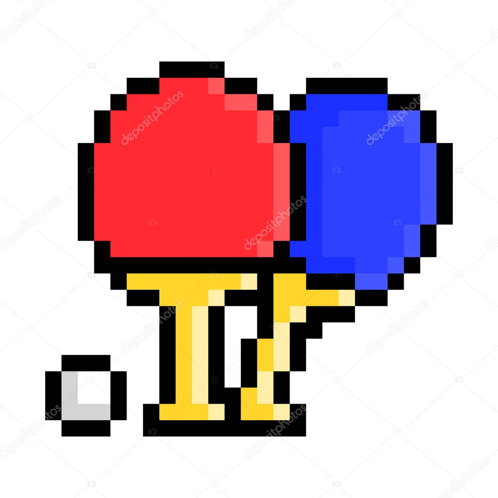 Red and blue rackets and a ball, pixel art table tennis icon isolated on white background. 8 bit ping-pong logo. Sport equipment emblem. Old school vintage retro slot machine/video game graphics.