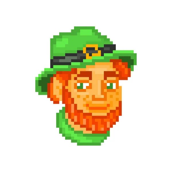 Ginger Barbuto Lentigginoso Uomo Folletto Ritratto Cappello Verde Pixel Art — Vettoriale Stock