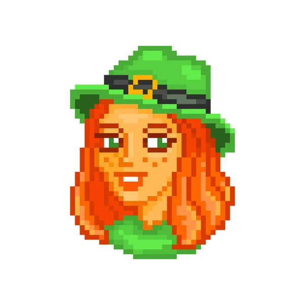 Gingembre Rousseur Leprechaun Fille Dans Portrait Chapeau Vert Pixel Art — Image vectorielle