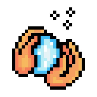 Köpüklü mavi renkli sabunlu iki el, beyaz arka planda izole edilmiş pikselli resim ikonu. Coronavirus koruması. Önemli kişisel hijyen kuralı. El yıkama konsepti. 8 bit Covid-19 pandemi önleme