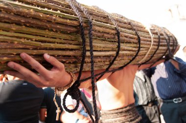 Taxco, Meksika, 1 Nisan 2011: Tövbeler omuzlarında böğürtlen ağırlığı taşırlar