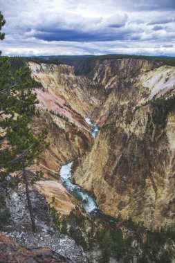 Wyoming 'de bulunan Yellowstone Grand Canyon' da küçük bir nehri olan şelaleye bakın. Yükseklerdeki şelalelerin ünlü iş cazibesi ve parktaki vahşi doğanın havadan görünüşü.