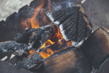 Alev ormanlarıyla ızgarada şenlik ateşi. Ateşin turuncu tonu. Hazırlık için kömür yakacak odun. Ağaç parçaları yanıyor. Odunların arasında alev saçıyor.