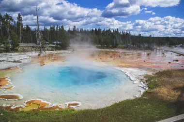Yellowstone Ulusal Parkı 'nda turuncu mavi gayzer. Mavi gökyüzünde havadar bulutlar olan yeşil ormanda bahar havuzu. Gayzerler bölgesinde yürümek için ahşap iskele. ABD 'deki Ulusal Park.