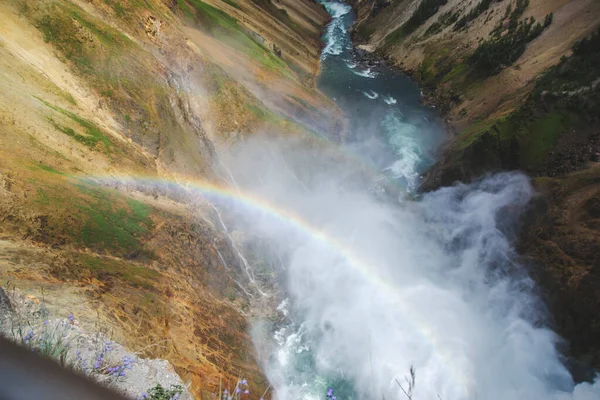 在美国国家公园的大黄石公园峡谷 在瀑布的蒸汽中出现了双彩虹的特写 橘色山丘与青草之间的河流景观 自然概念 — 图库照片