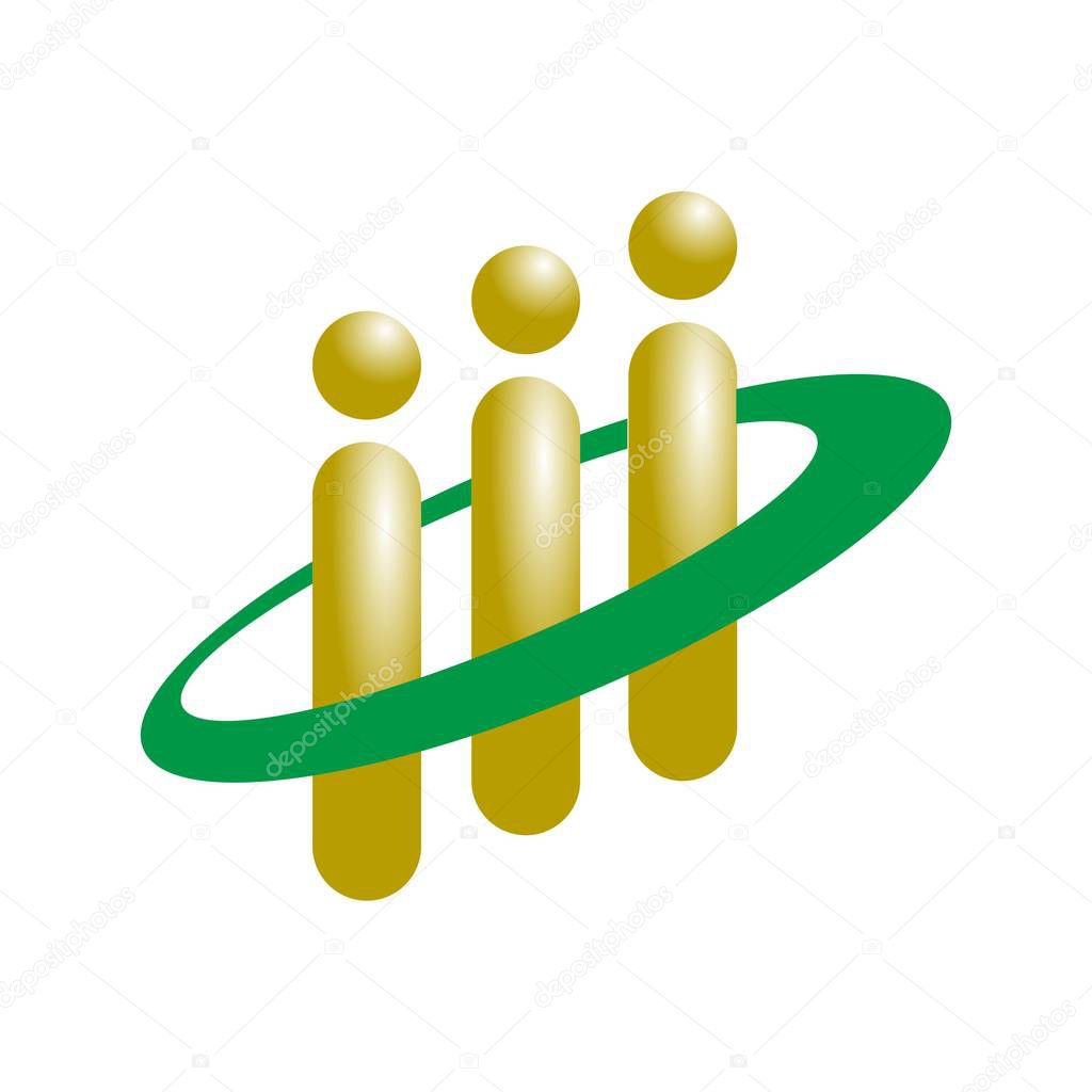 A logo that has three exclamation points that also represent people.