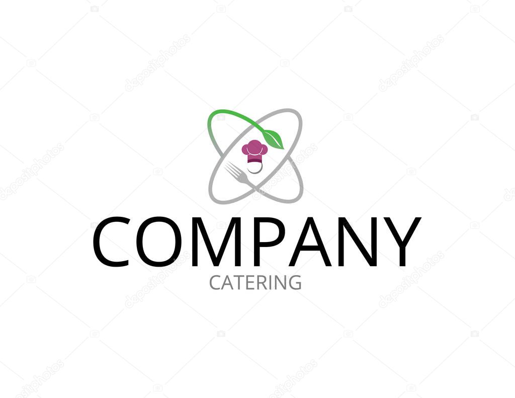 A fusion of atom icon and fork and green leaf creates a logo good suitable for areas of food and drink and science.