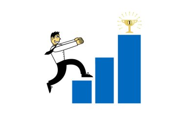 Birincilik Ödülü almak için çubuklarını çalıştıran bir çizgi film iş adamı.