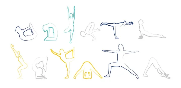 Ensemble Différentes Poses Yoga Dessin — Image vectorielle