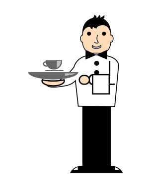 Genç garson barista kahve tepsisiyle holding karikatür çizimi