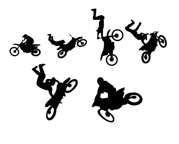 Dirt Bike Motocross Extrémní Sportovní Akrobacie Triky Silueta Sada — Stockový vektor