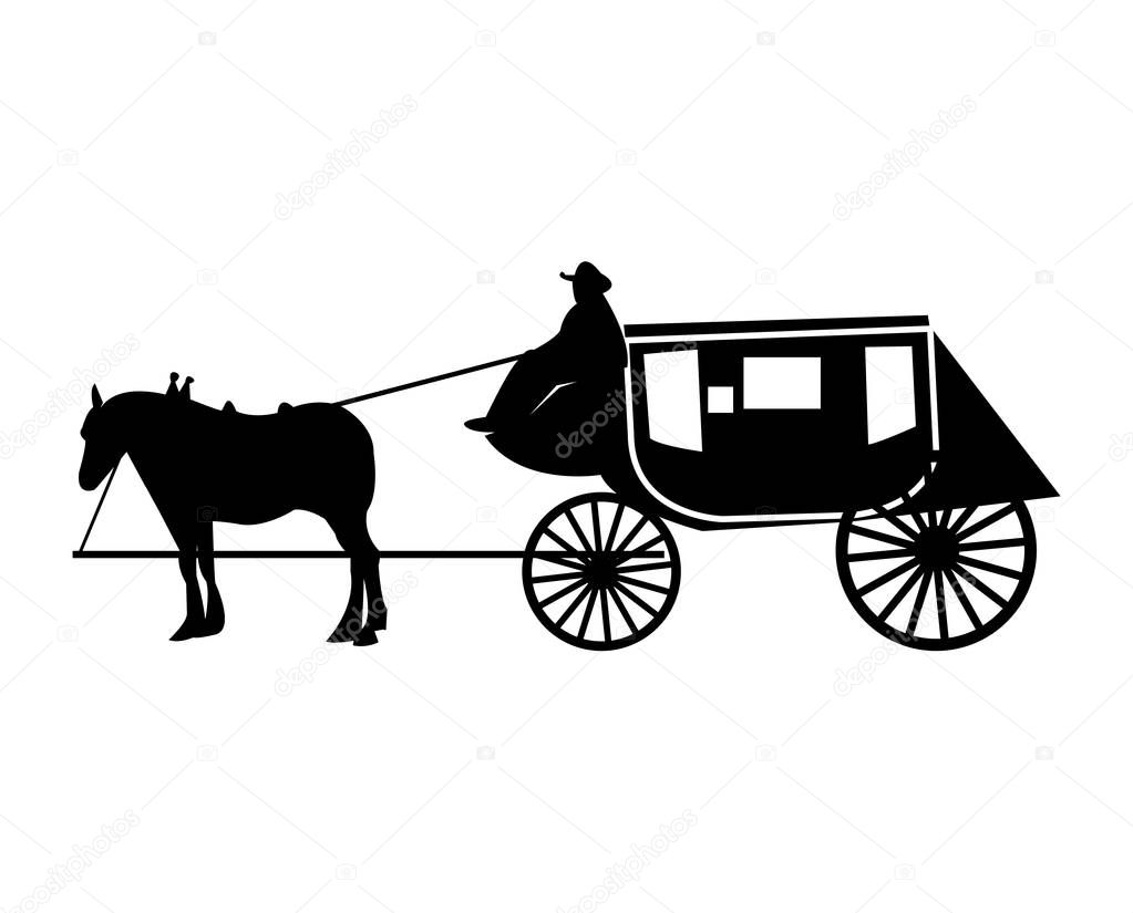 Old, vintage stage coach silhouette, with a horse and a driver.