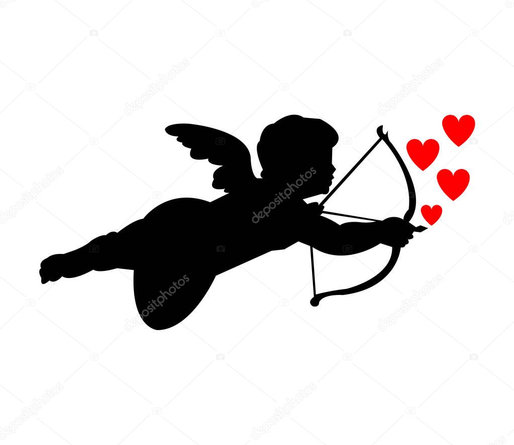 Black silhouette of Cupid, with red hearts