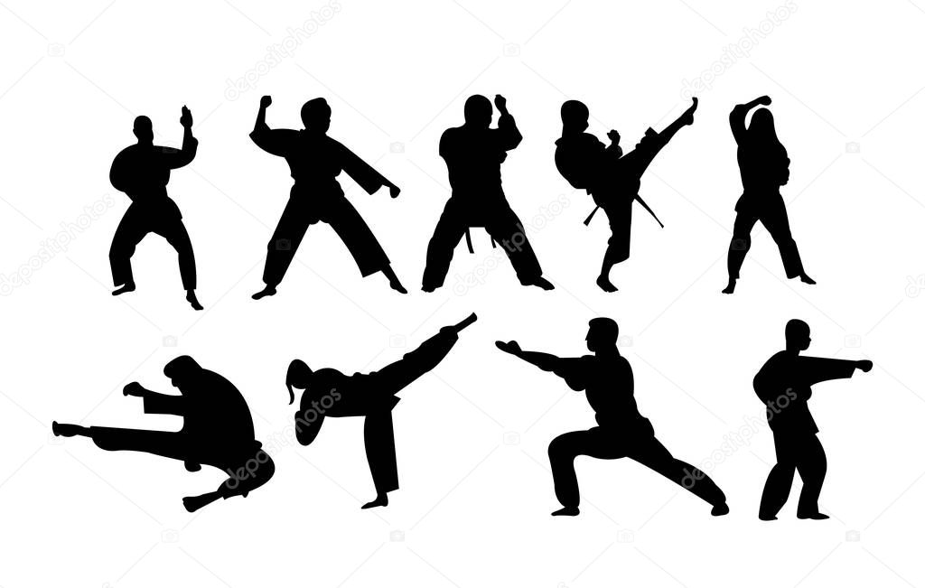 Silhouettes of people doing various karate stances and punches