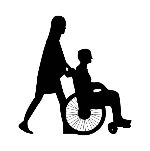 Žena Tlačí Muže Invalidním Vozíku Bílém — Stockový vektor