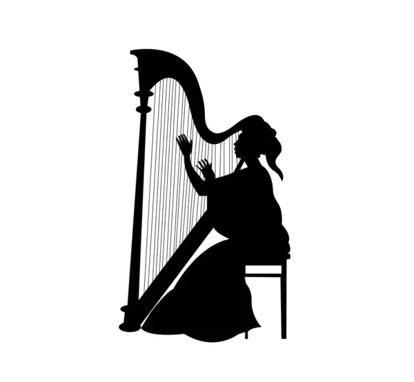 Mulher Tocando Silhueta Harpa Branco —  Vetores de Stock