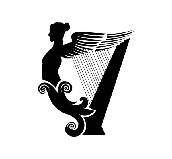 Harpe Avec Femme Ange Forme Sur Blanc — Image vectorielle