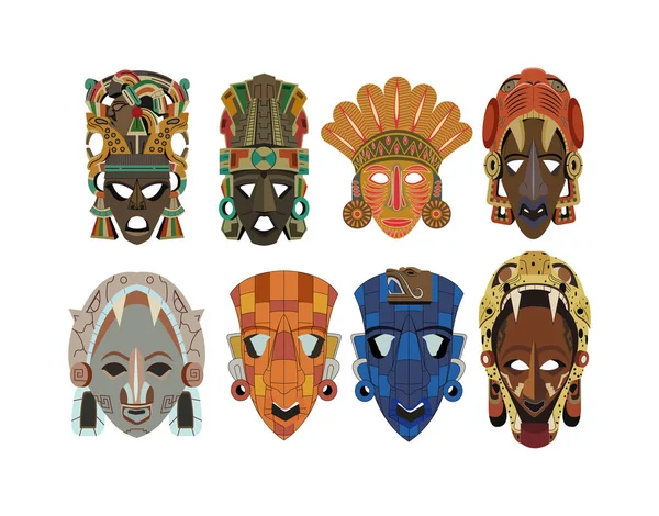 Conjunto Ocho Máscaras Mayas Detalladas Adornadas Aisladas Sobre Fondo Blanco — Vector de stock