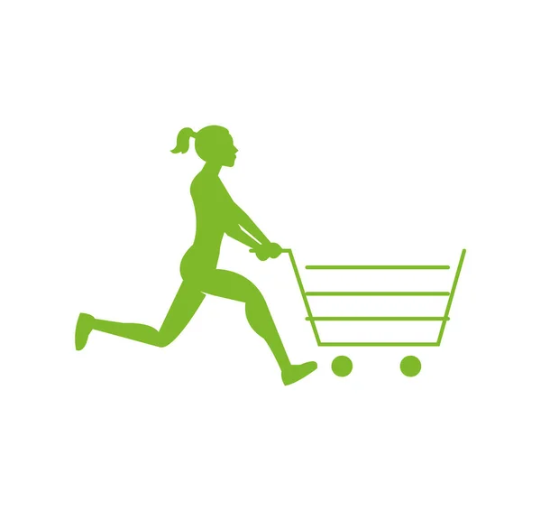 Chica Forma Corriendo Con Icono Carrito Compras — Archivo Imágenes Vectoriales