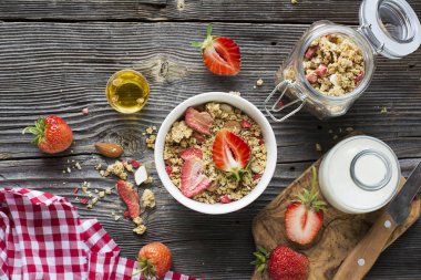 Sağlıklı kahvaltı. Çilek granola badem yaprakları ve taze çilek ile. Süt hizmet, nane canım. Üstten Görünüm