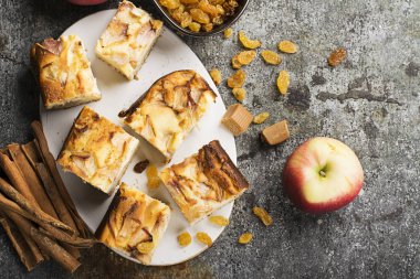 Basit bir ev yapımı pasta elma ve tarçın, bir elma, karamel tatlılar ile gri bir arka plan üzerinde ekşi krema ile. Üstten Görünüm. Seçici odak.