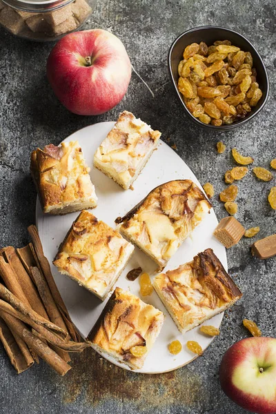 Uma torta caseira simples com maçãs e nata azeda em um fundo cinza com paus de canela, uma maçã, doces de caramelo. Vista superior. Foco seletivo . — Fotografia de Stock