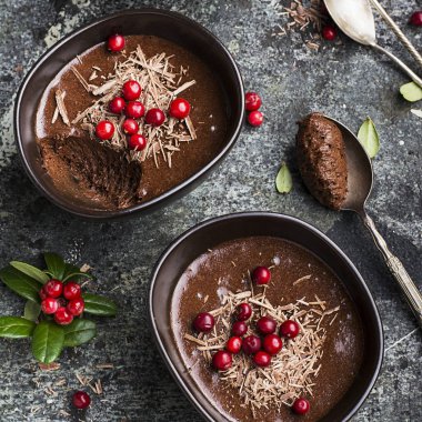 Ev yapımı hassas çikolata mousse kızılcık ve gri taş zemin üzerine seramik kase hizmet içinde çikolata parçaları ile. Üstten Görünüm.