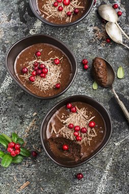 Ev yapımı hassas çikolata mousse kızılcık ve gri taş zemin üzerine seramik kase hizmet içinde çikolata parçaları ile. Üstten Görünüm.