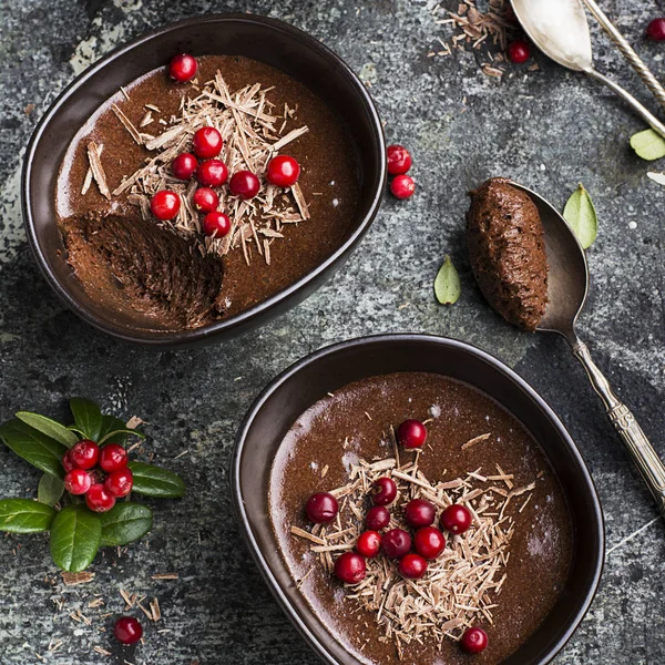 Ev yapımı hassas çikolata mousse kızılcık ve gri taş zemin üzerine seramik kase hizmet içinde çikolata parçaları ile. Üstten Görünüm.