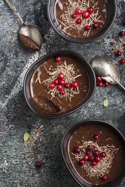 Házi készítésű finom csokoládé mousse-val áfonyás túrómousse csokoládéchips szolgáló kerámia tálak, szürke kő alapon. Szemközti nézet. — Stock Fotó