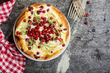 Çatal ve meyveleri dalları gri bir taş zemin üzerine sulu çilek cranberries ile ev yapımı ihale lor güveç. Üstten Görünüm.