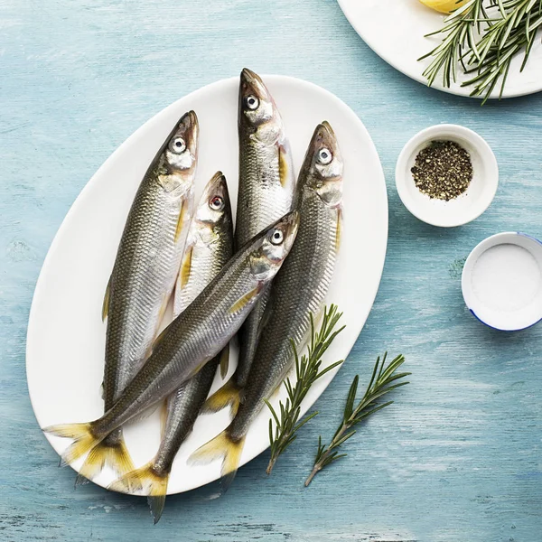 Petits poissons de mer frais éperlés, sardine sur fond simple avec du sel, du romarin et des tranches de citron. Vue de dessus. Le concept de fruits de mer sains , — Photo