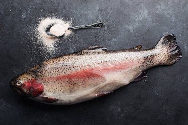 Taze çiğ somon balığı ve koyu taştan arka planda bir kaşık organik pembe tuz. Balığın yaratıcı yapısı, üst görünümü, düz yatış.