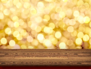Boş kahverengi ahşap masa üstü soyut altın bokeh ışık, sahte u ile
