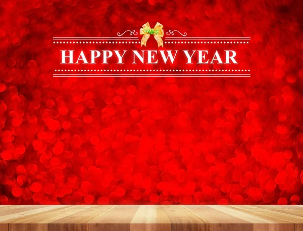 Щасливе новорічне слово в перспективній кімнаті з червоним ігристим дзьобом — стокове фото