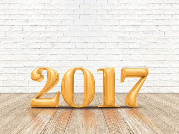 Happy New year 2017 (3d rendering) gold color number on wood pla — Stock Photo, Image